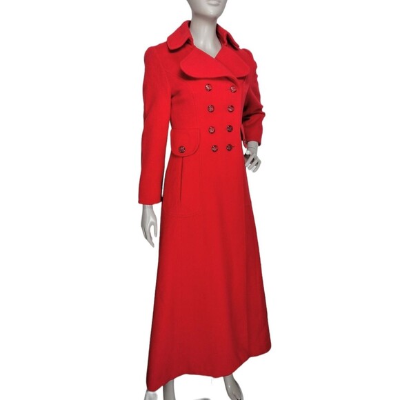 VTG 60s 70s Edwardian Gothic Red Wool Double-Breasted Long Swing Coat XS/S/M